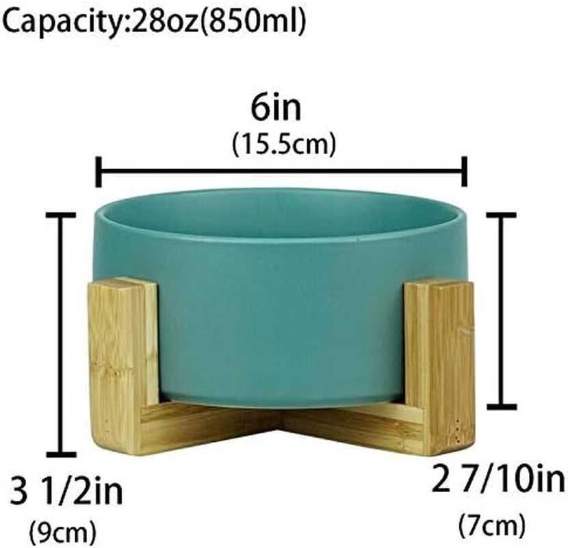 Green Ceramic Cat Bowl with Wood Stand No Spill Pet Food Water Feeder Cats Small Dogs