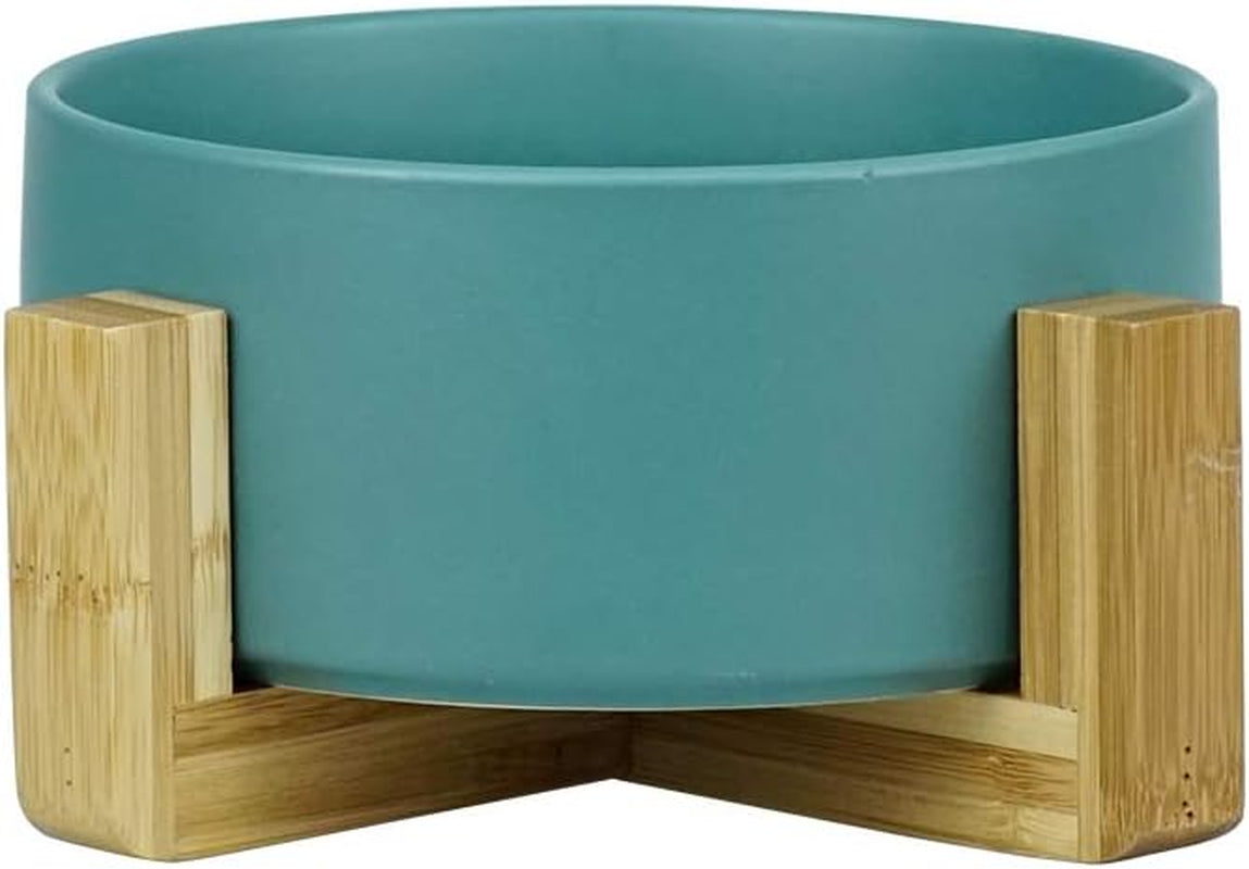 Green Ceramic Cat Bowl with Wood Stand No Spill Pet Food Water Feeder Cats Small Dogs