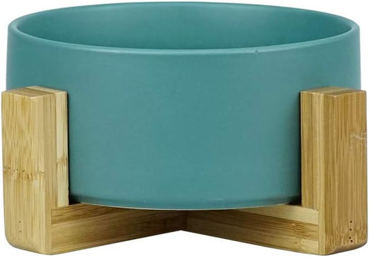 Green Ceramic Cat Bowl with Wood Stand No Spill Pet Food Water Feeder Cats Small Dogs