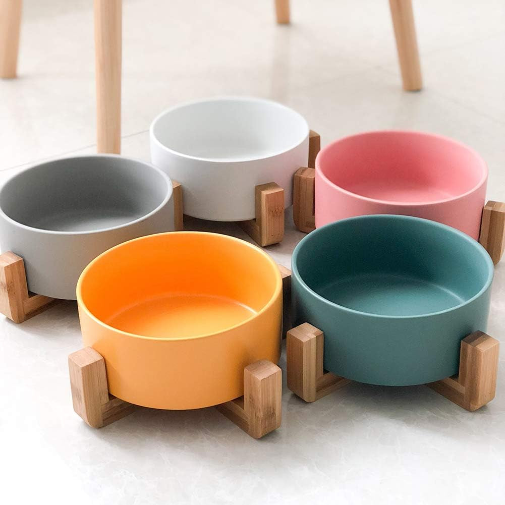 Green Ceramic Cat Bowl with Wood Stand No Spill Pet Food Water Feeder Cats Small Dogs