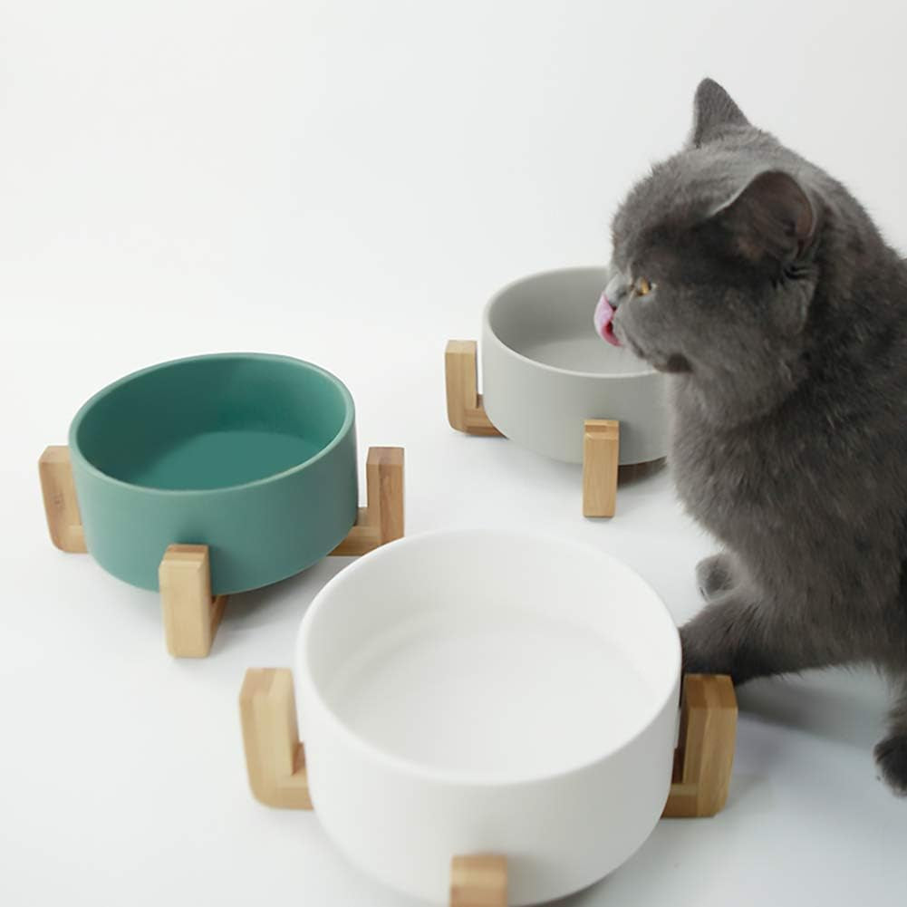Green Ceramic Cat Bowl with Wood Stand No Spill Pet Food Water Feeder Cats Small Dogs