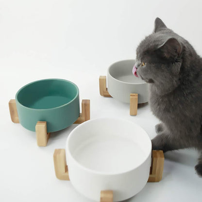 Green Ceramic Cat Bowl with Wood Stand No Spill Pet Food Water Feeder Cats Small Dogs